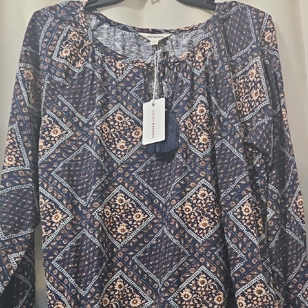 Lucky Brand Sunflower Design Navy And Cream Printed Blouse Medium Nwt
